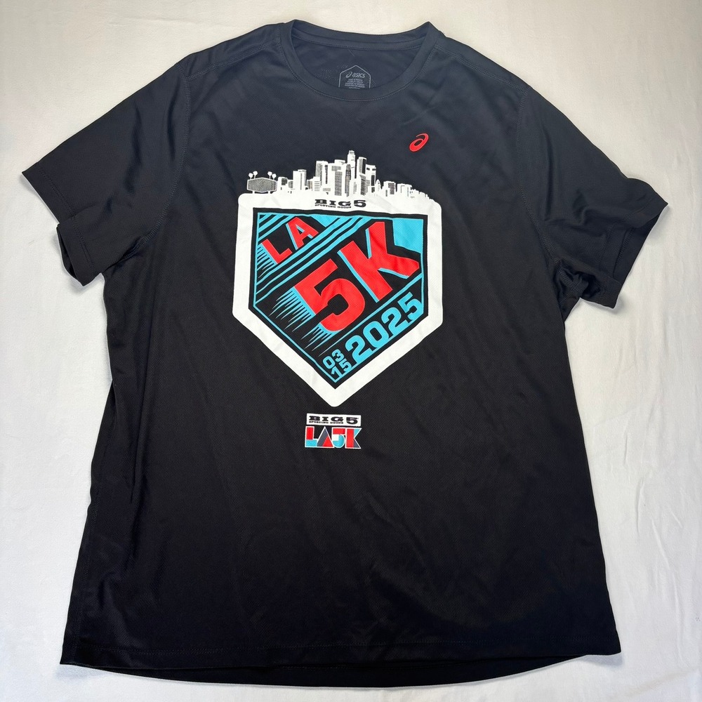 Asics T-Shirt Mens 2XL Black LA 5K 2025 Marathon Jersey Running‎ Graphic Tee